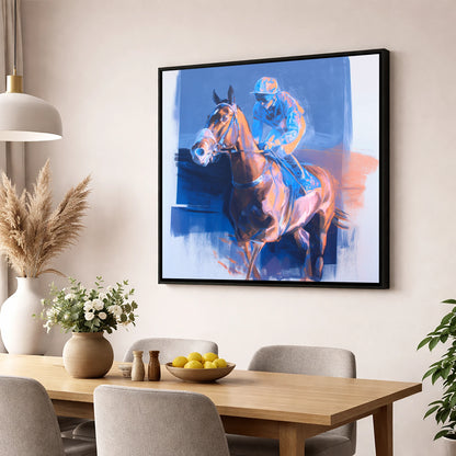 Quiet Anticipation racing horse wall art displayed in a dining room
