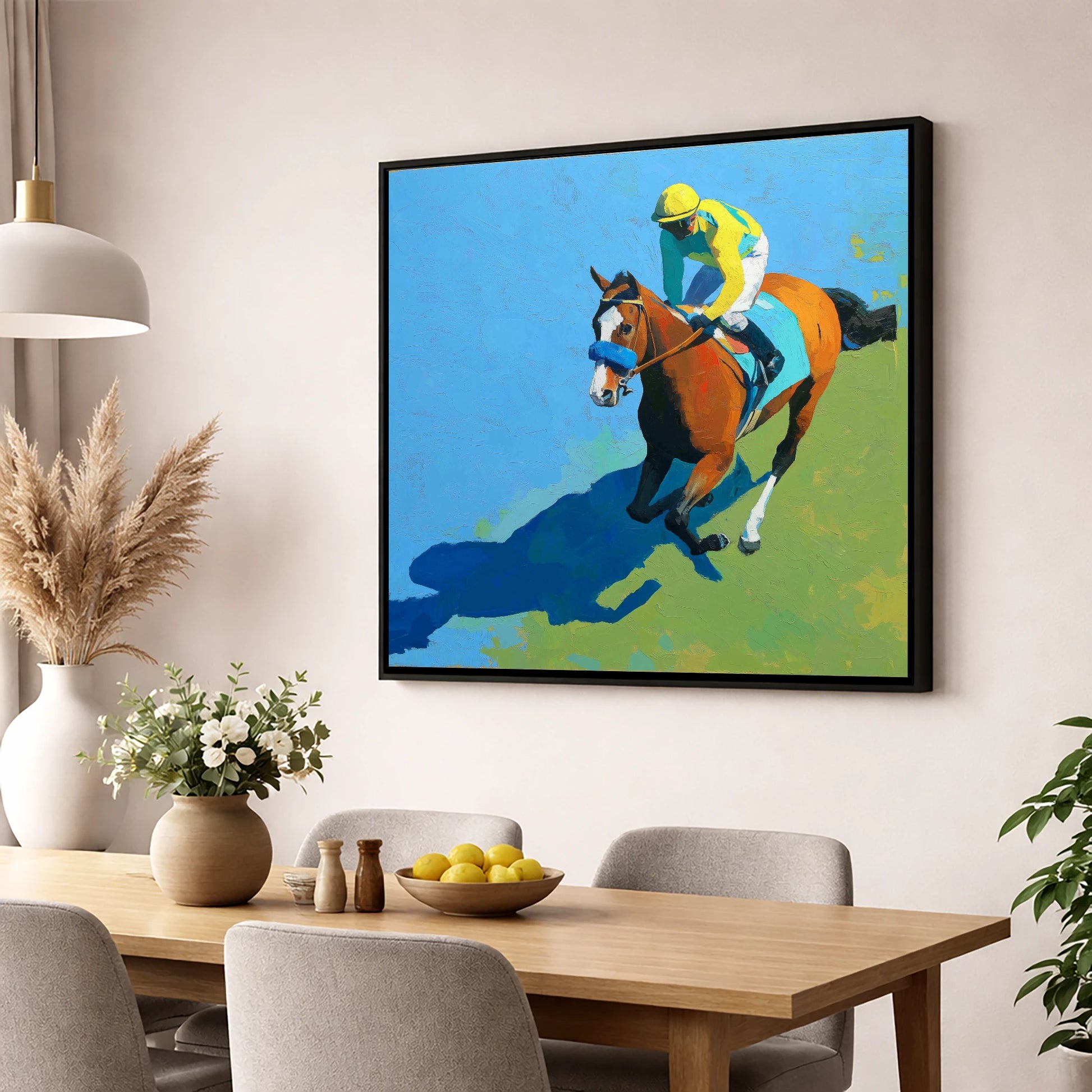 Flight and Shadow racing horse wall art displayed in a dining room
