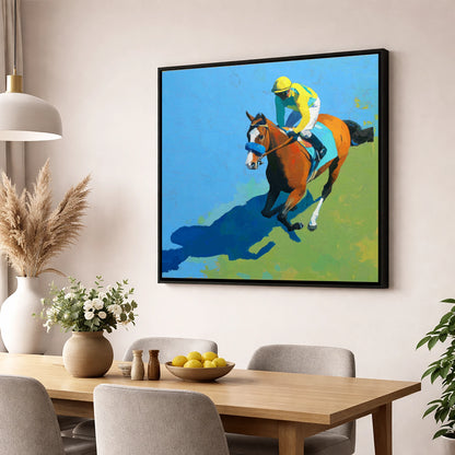 Flight and Shadow racing horse wall art displayed in a dining room