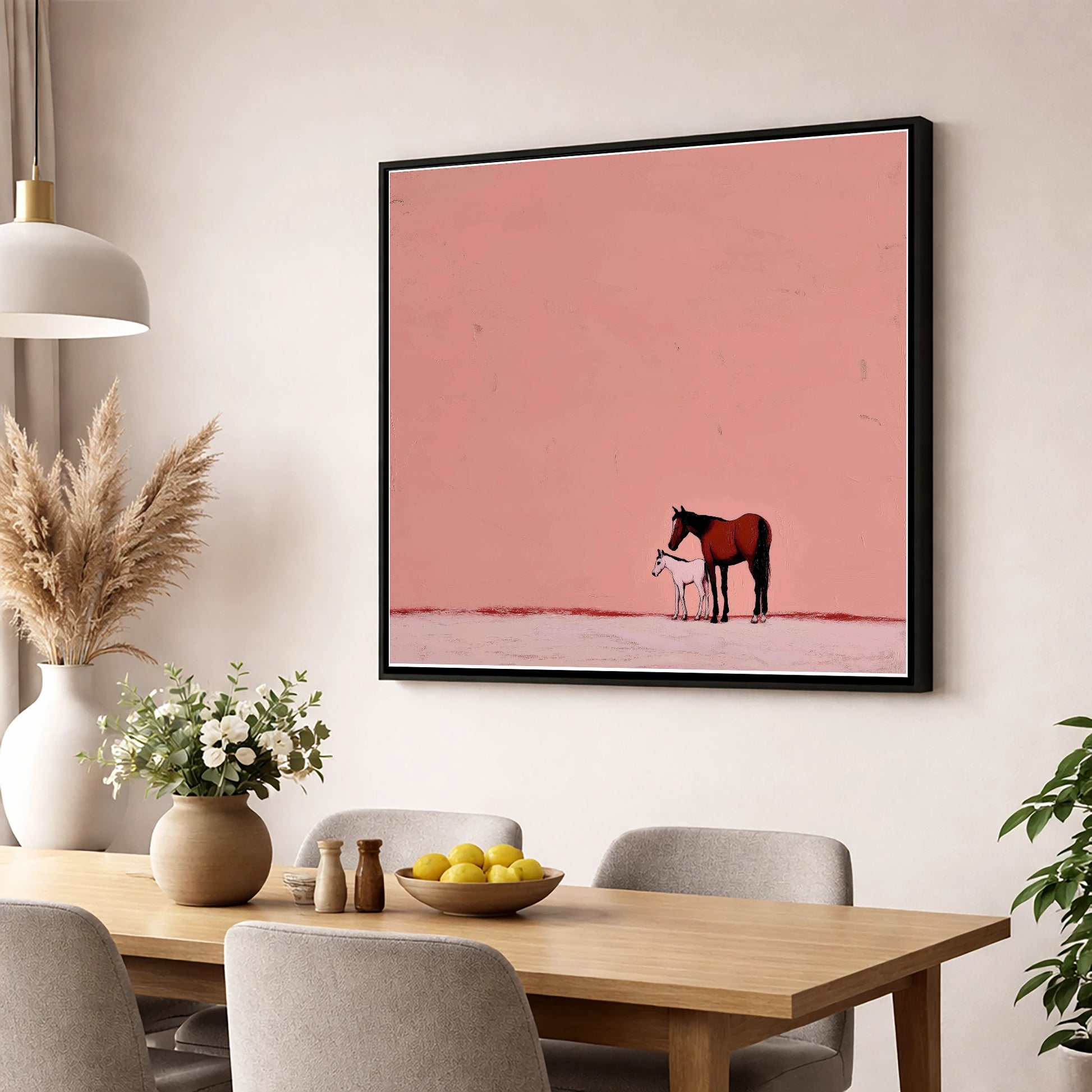 Dusty Rose Bond mare & foal wall art displayed in a dining room