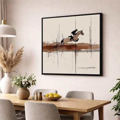 Dynamic Trajectory show jumping horse wall art displayed in a dining room