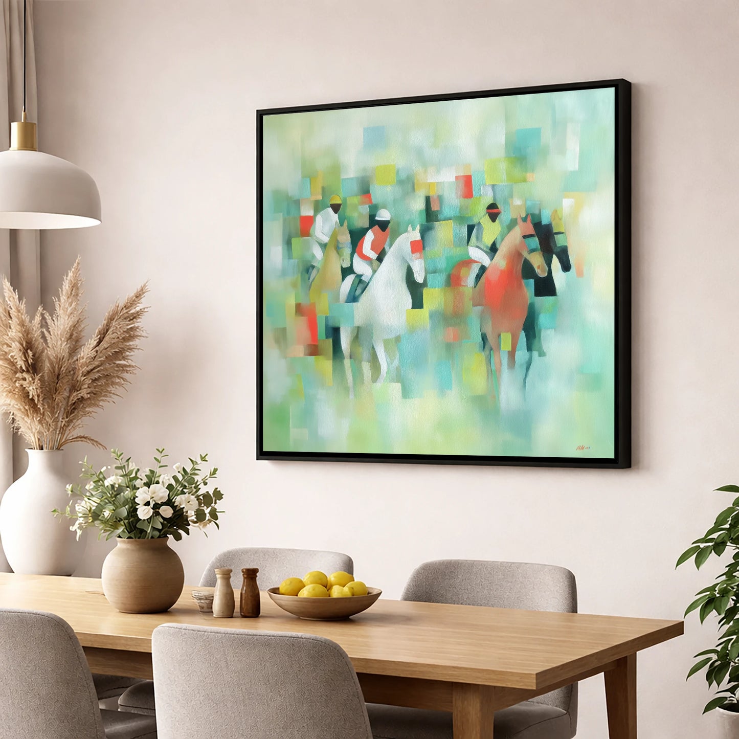 Prismatic Racing Silks racing horse wall art displayed in a dining room