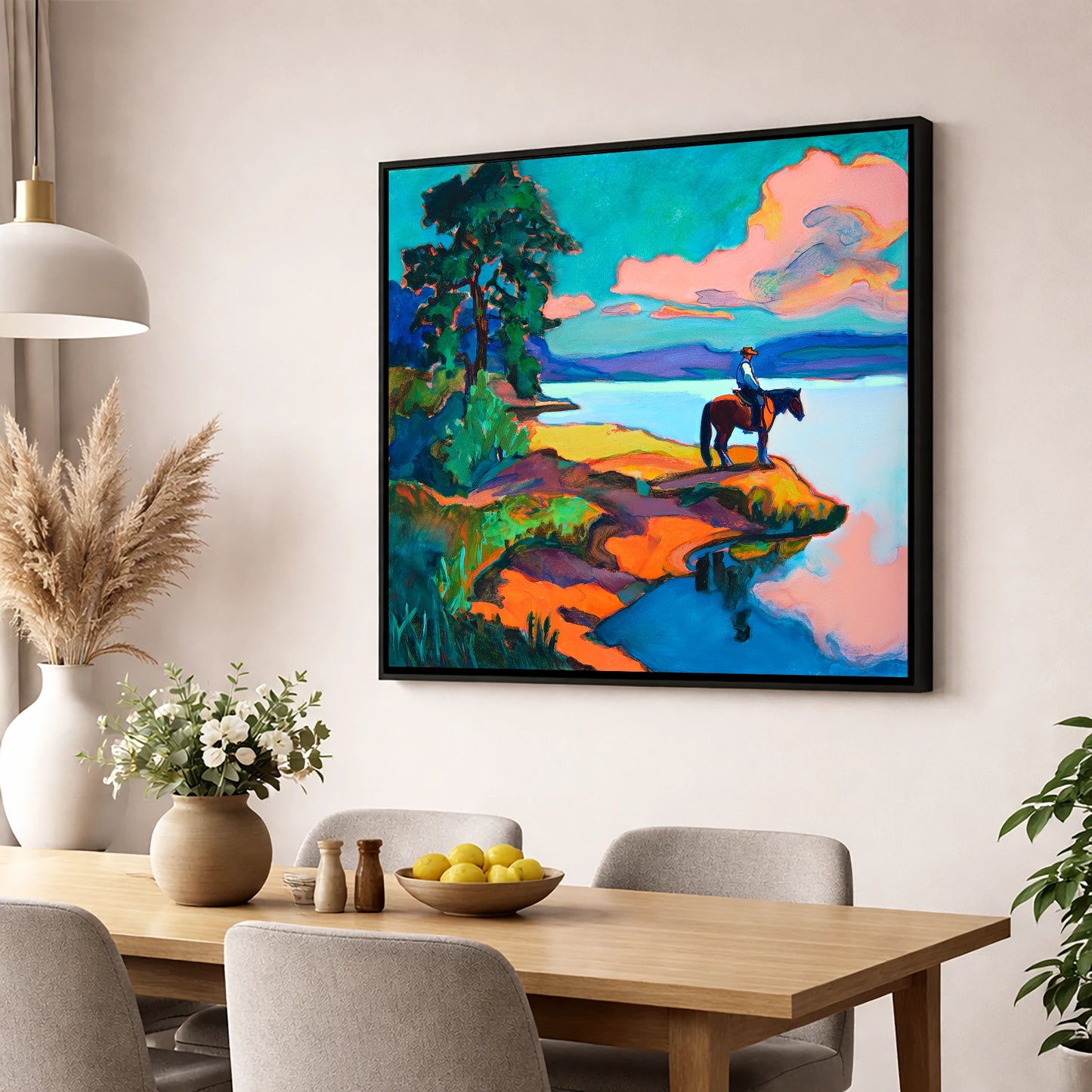 The Violet Shoreline beach horse wall art displayed in a dining room