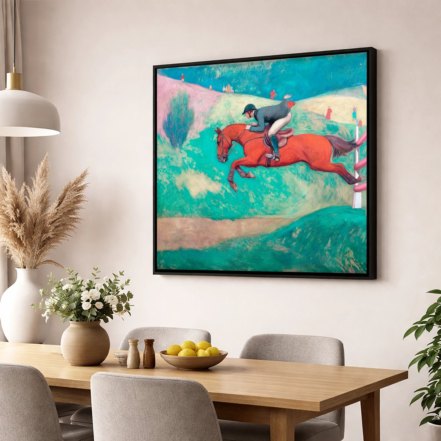 Flight Over Emerald Hills show jumping horse wall art displayed in a dining room