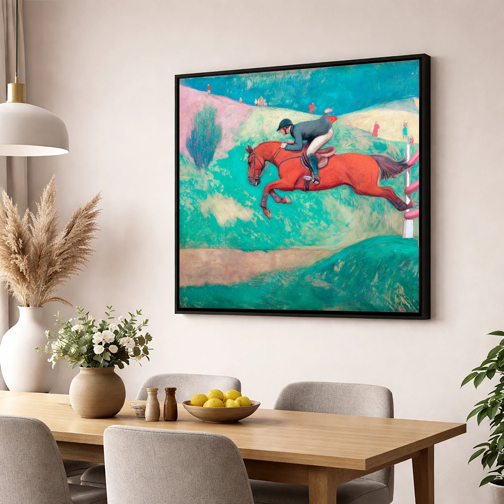 Flight Over Emerald Hills show jumping horse wall art displayed in a dining room