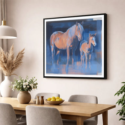 Cobalt and Apricot mare & foal wall art displayed in a dining room
