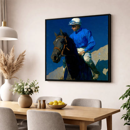 Focus Under Cobalt Skies racing horse wall art displayed in a dining room