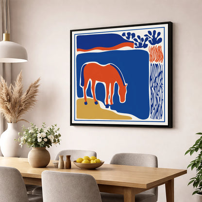 Abstract Azure Grazer horse landscape wall art displayed in a dining room