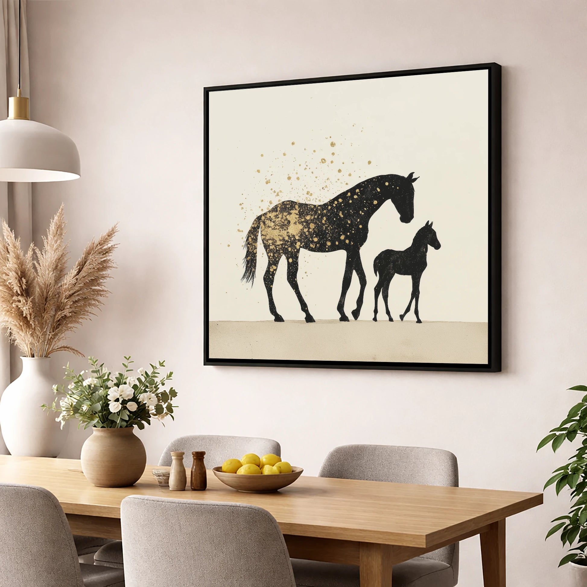 Gilded Bonds mare & foal wall art displayed in a dining room