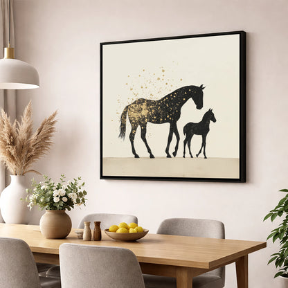 Gilded Bonds mare & foal wall art displayed in a dining room
