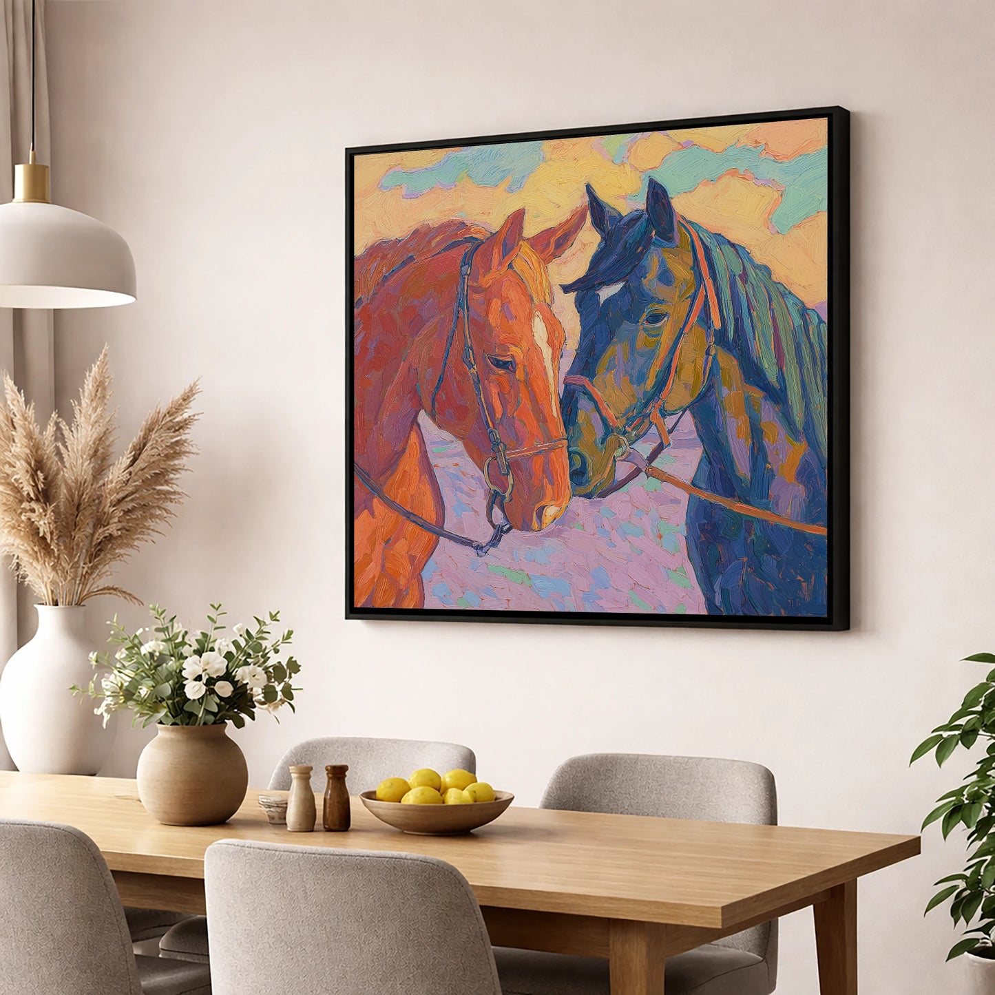 Vibrant Equine Bond horse portrait wall art displayed in a dining room