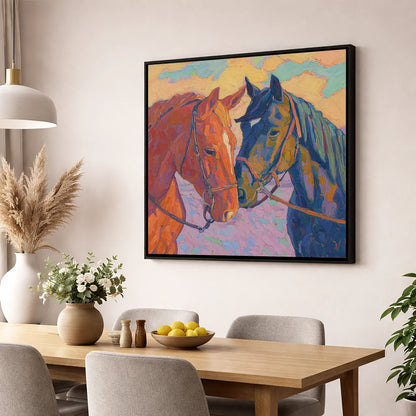 Vibrant Equine Bond horse portrait wall art displayed in a dining room