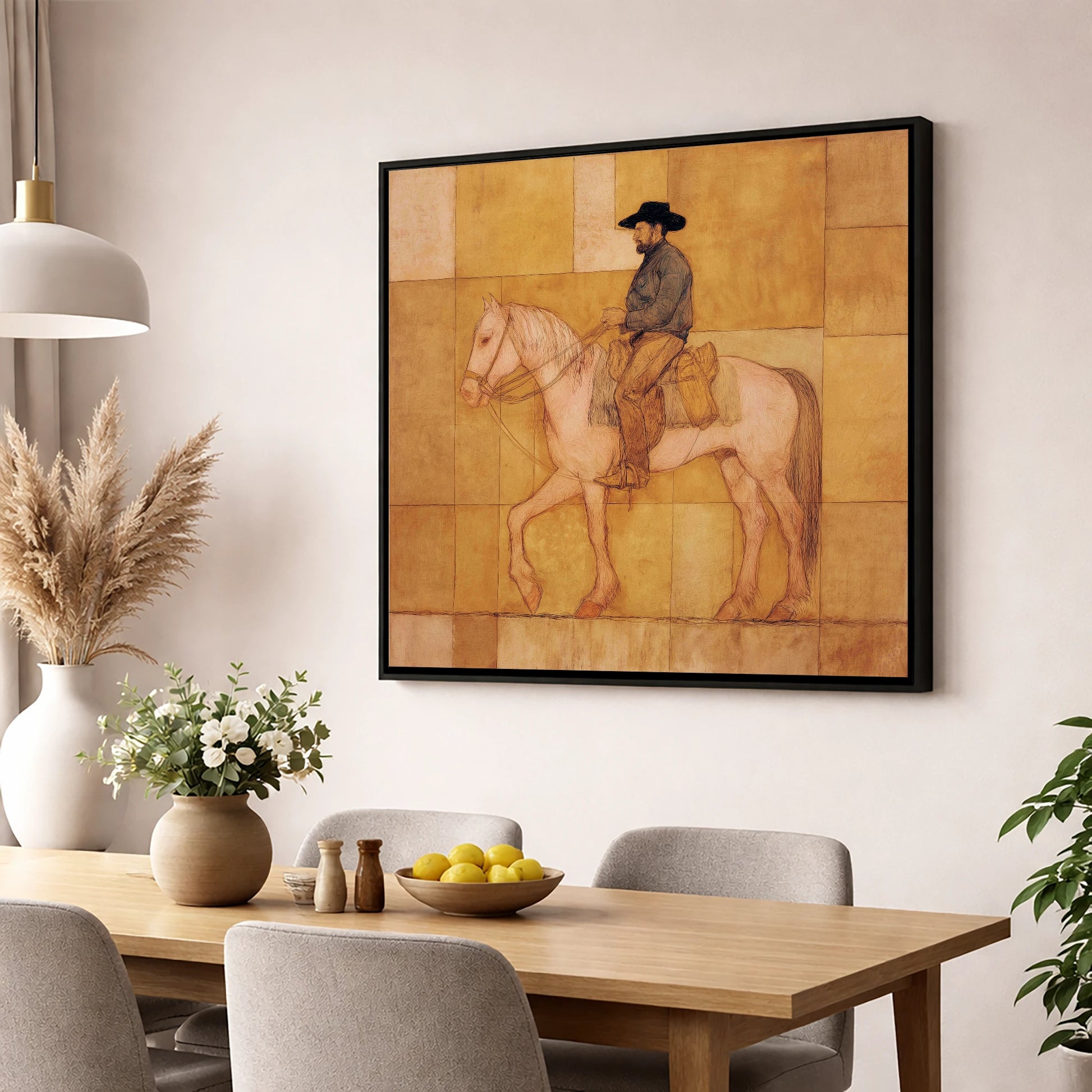 The Golden Trail western horse wall art displayed in a dining room
