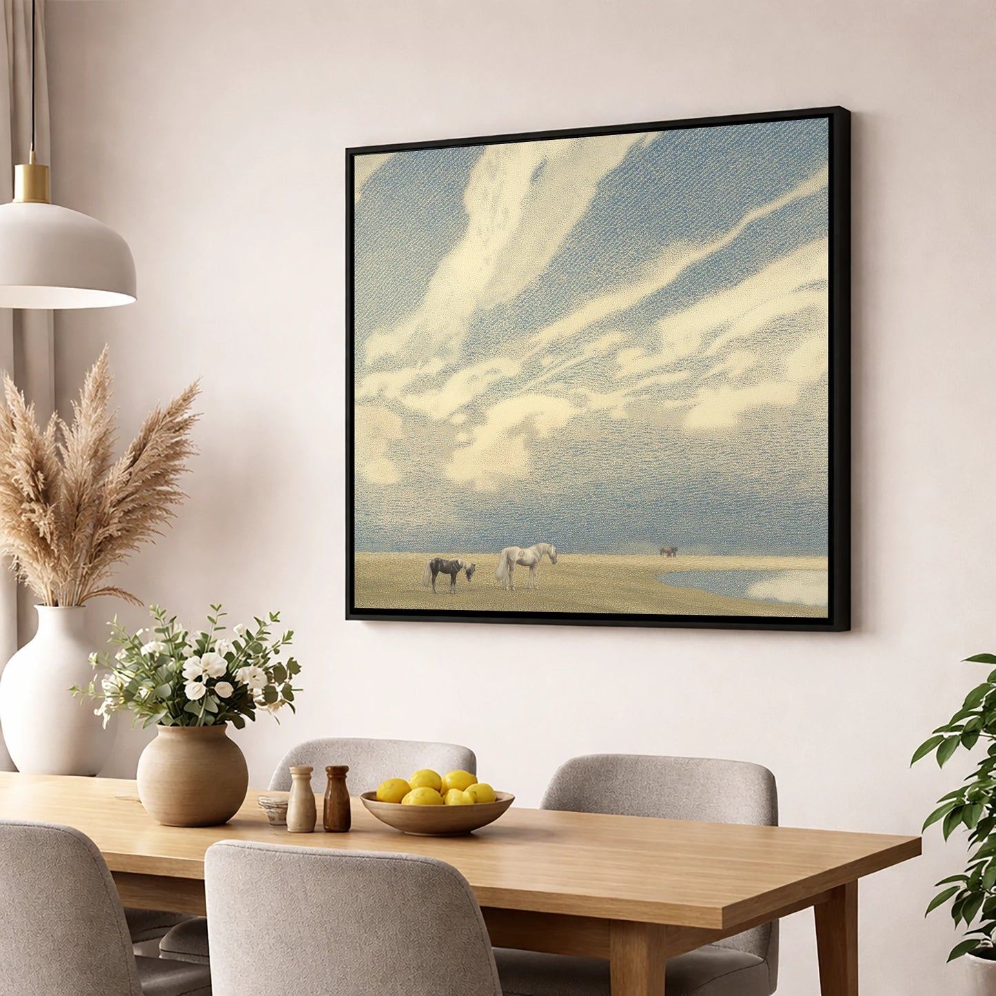 Sweeping Skies horse landscape wall art displayed in a dining room