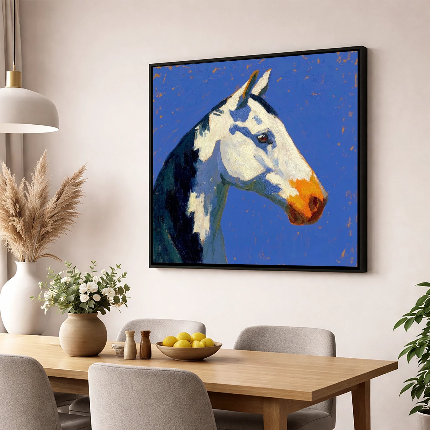 Vibrant Painted Profile horse portrait wall art displayed in a dining room