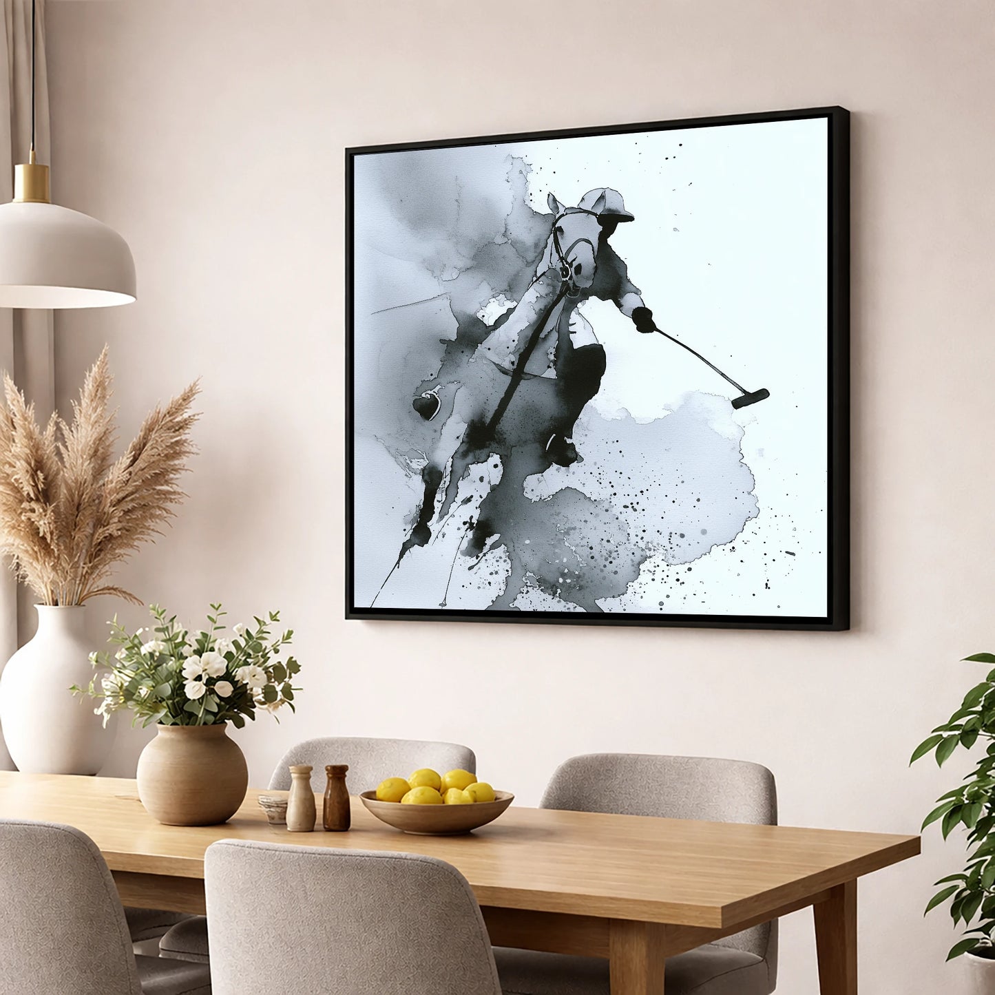 Dynamic Polo Swing polo horse wall art displayed in a dining room