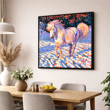 Vibrant Winter Horse in Snow horse breed wall art displayed in a dining room