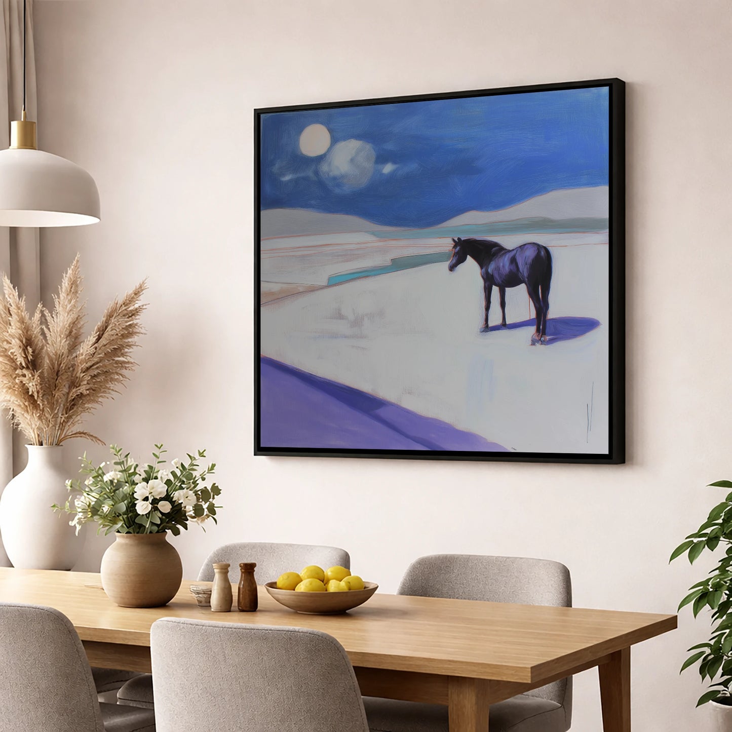 Midnight Solitude horse landscape wall art displayed in a dining room