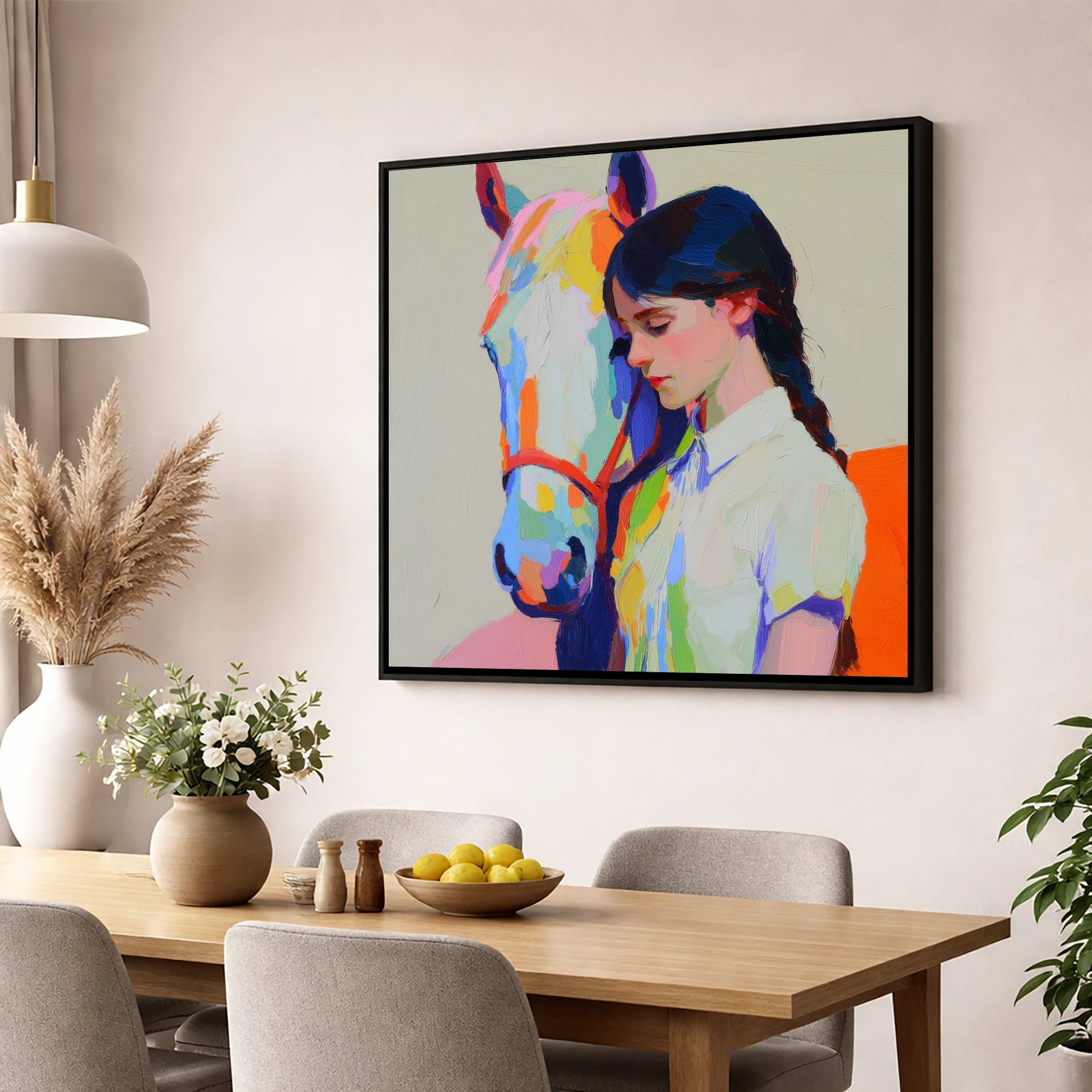Vibrant Bond horse & rider wall art displayed in a dining room