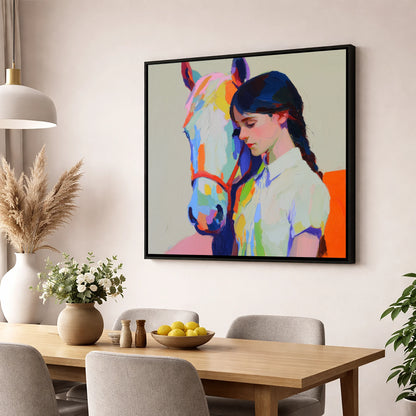 Vibrant Bond horse & rider wall art displayed in a dining room