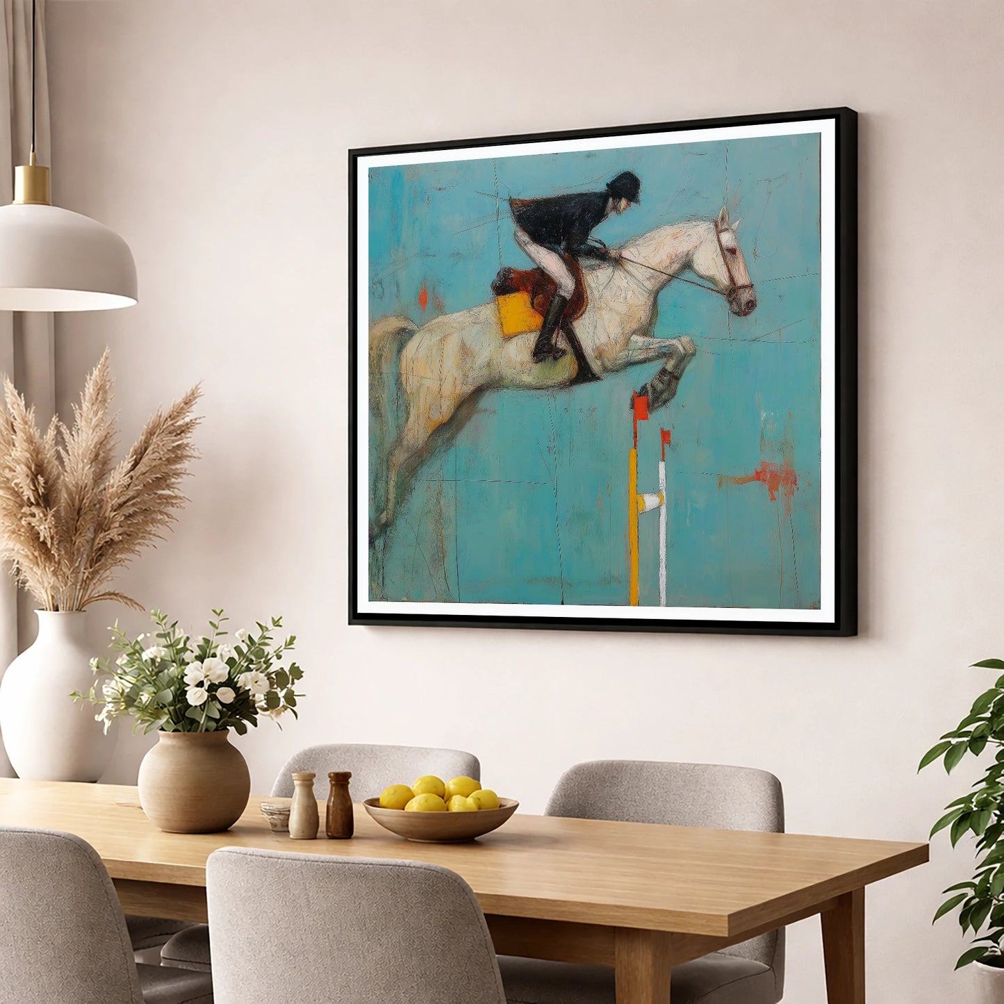 Airborne Over Teal show jumping horse wall art displayed in a dining room