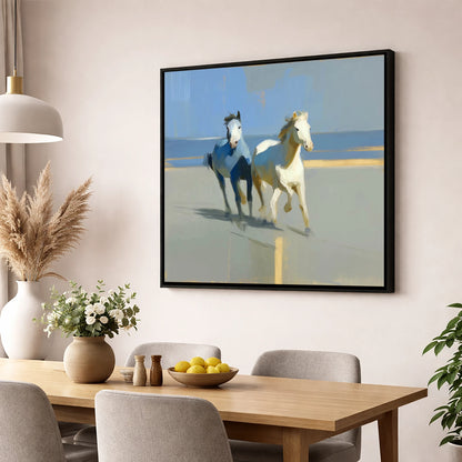 Sunlit Coastal Canter wild horses wall art displayed in a dining room
