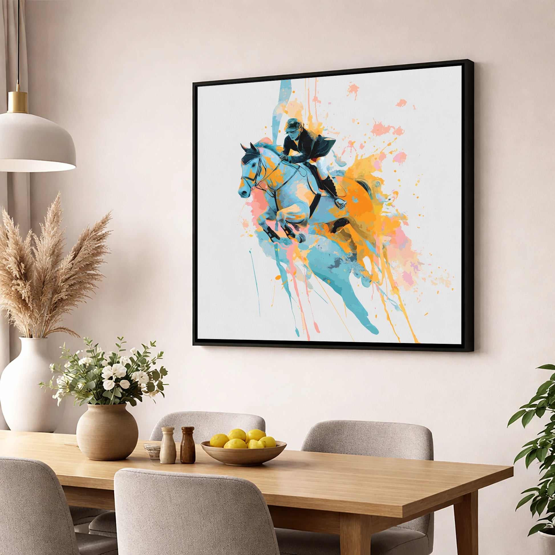 Airborne In Colour show jumping horse wall art displayed in a dining room