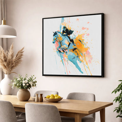 Airborne In Colour show jumping horse wall art displayed in a dining room
