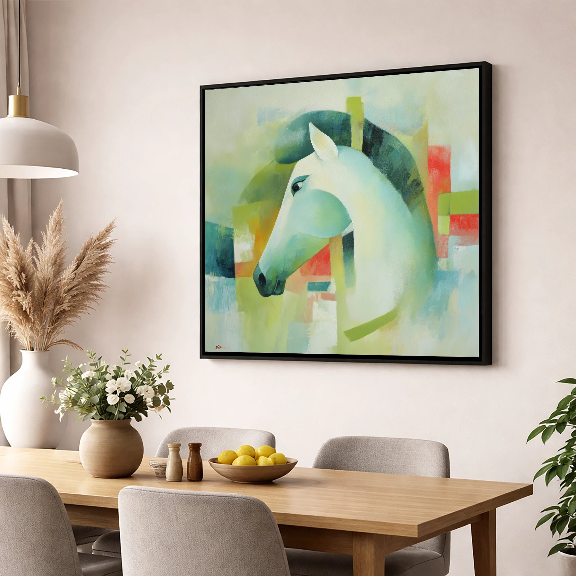 Modern Grey Profile horse breed wall art displayed in a dining room