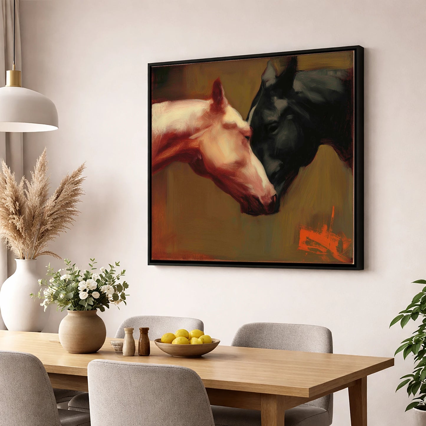 Silent Communion horse portrait wall art displayed in a dining room