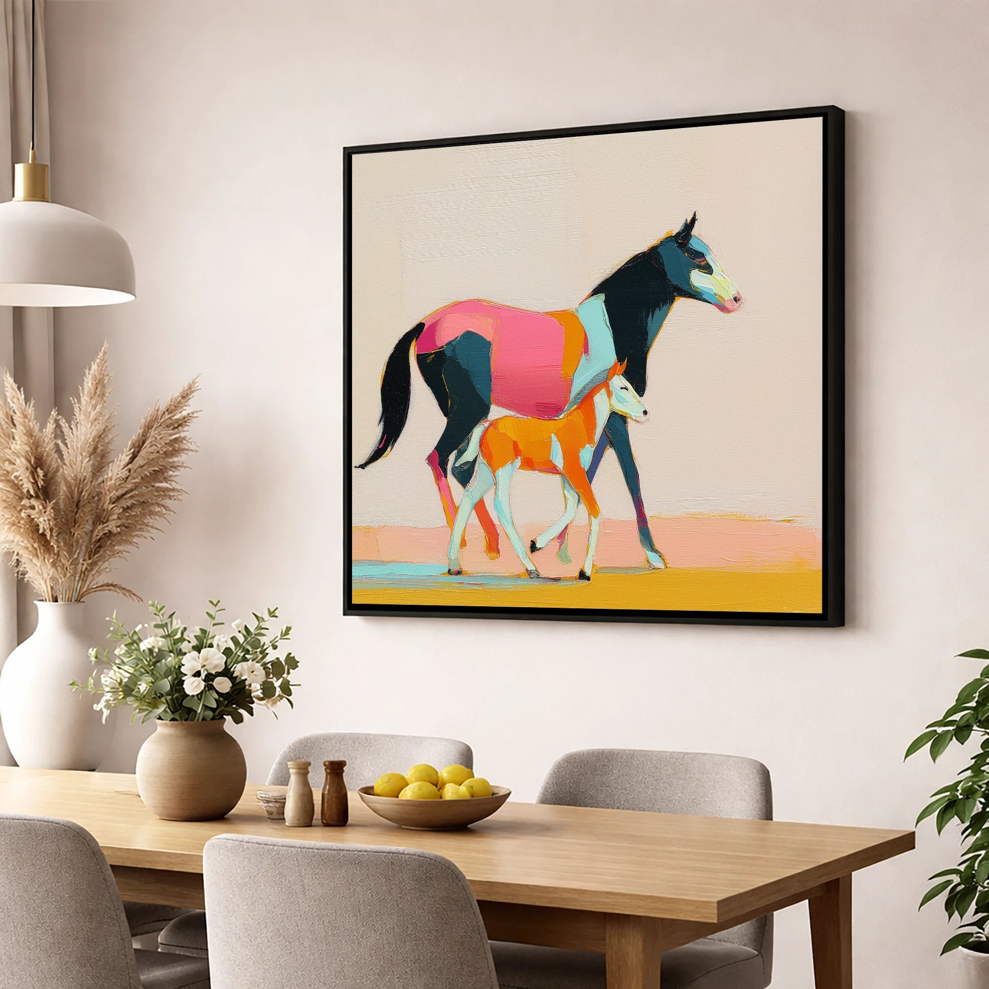 Vivid Strides mare & foal wall art displayed in a dining room