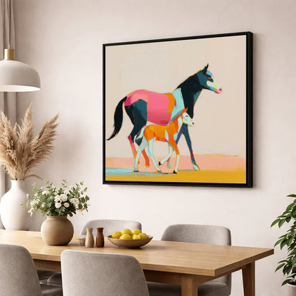 Vivid Strides mare & foal wall art displayed in a dining room
