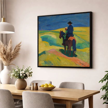 A Shared Horizon horse & rider wall art displayed in a dining room