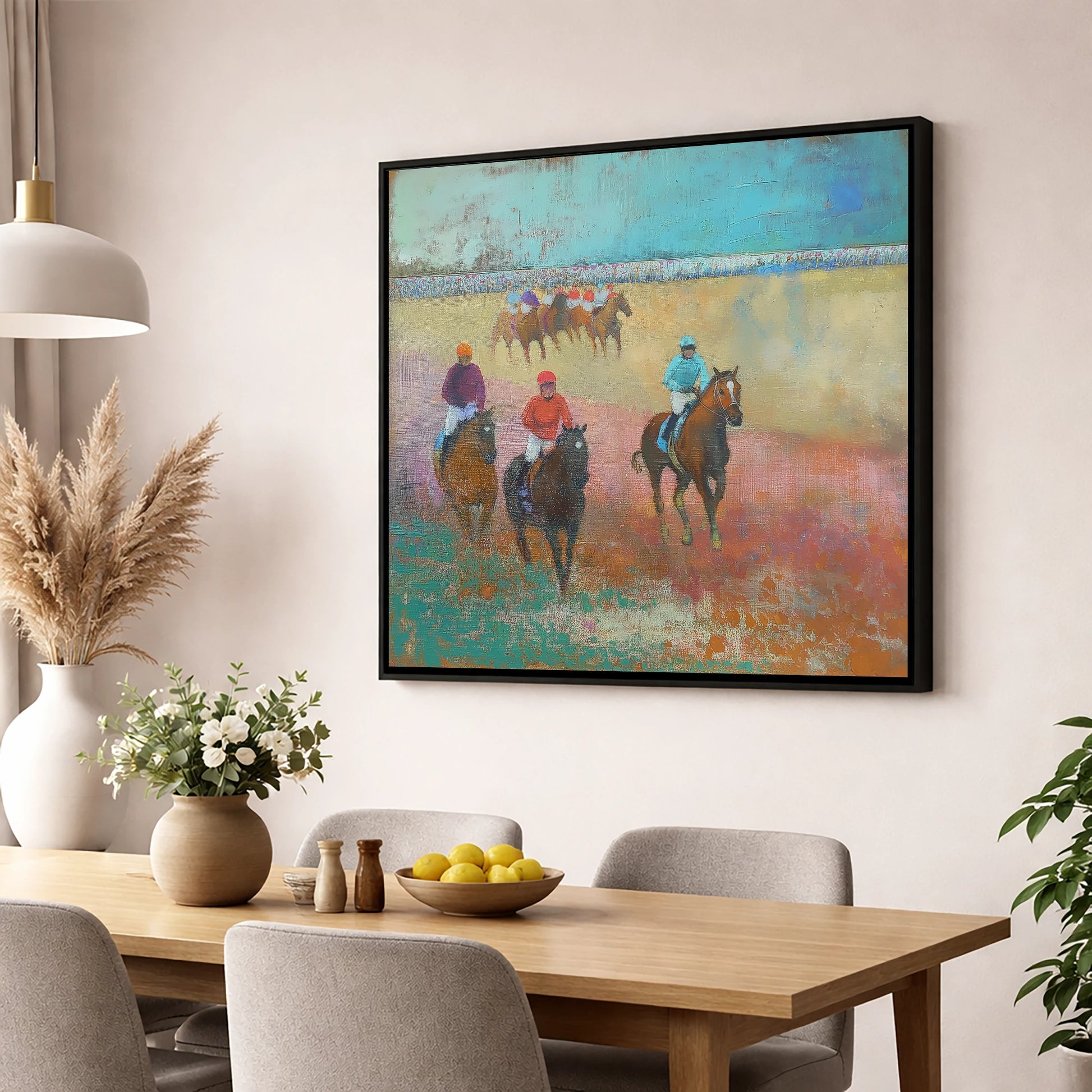 Silks Across the Furlong racing horse wall art displayed in a dining room