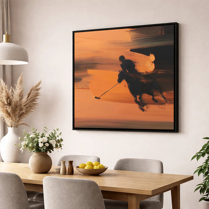 Amber Polo Pursuit polo horse wall art displayed in a dining room