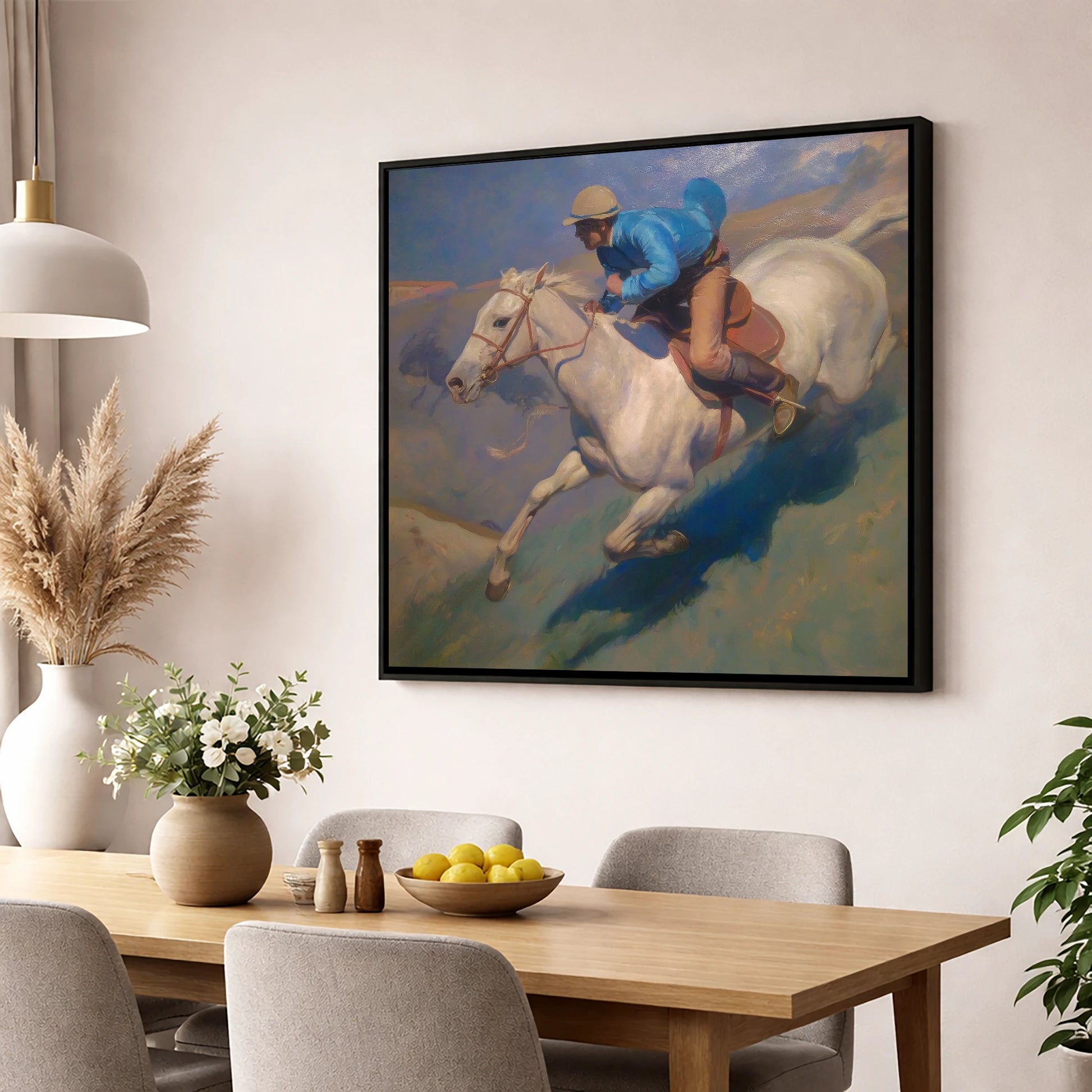 Cerulean Gallop racing horse wall art displayed in a dining room
