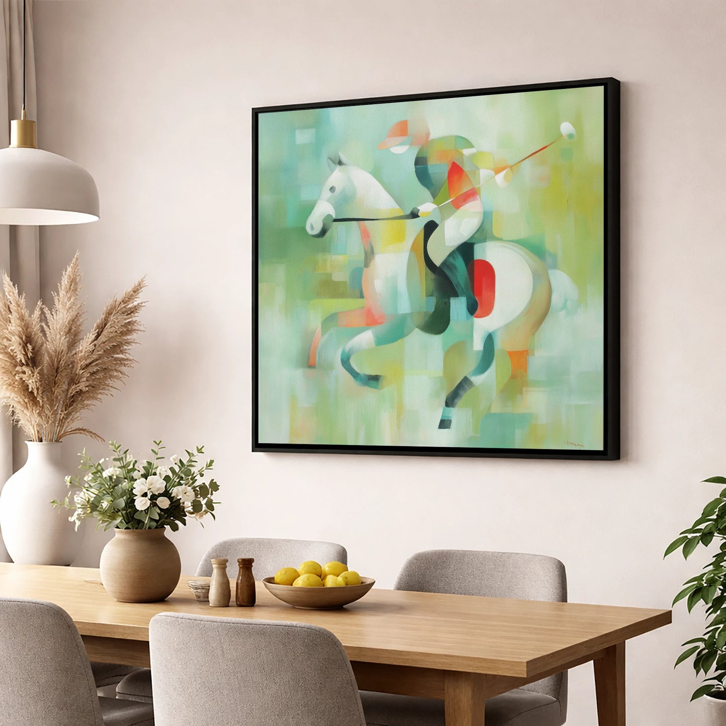 Abstract Polo Canter polo horse wall art displayed in a dining room