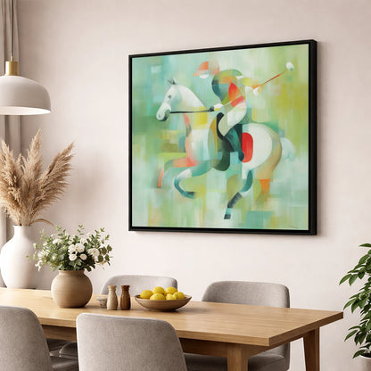 Abstract Polo Canter polo horse wall art displayed in a dining room