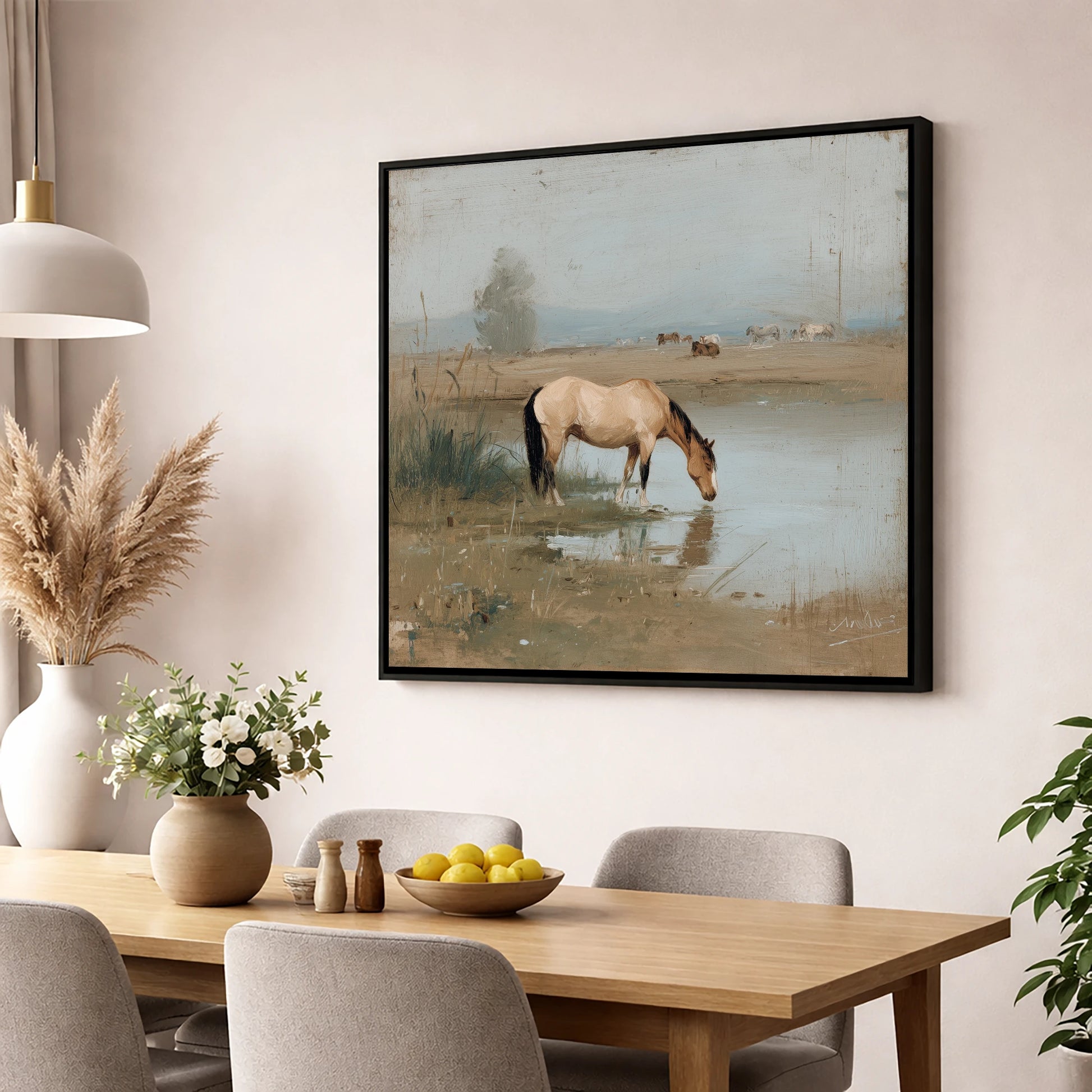 Buckskin by the Shallows horse landscape wall art displayed in a dining room