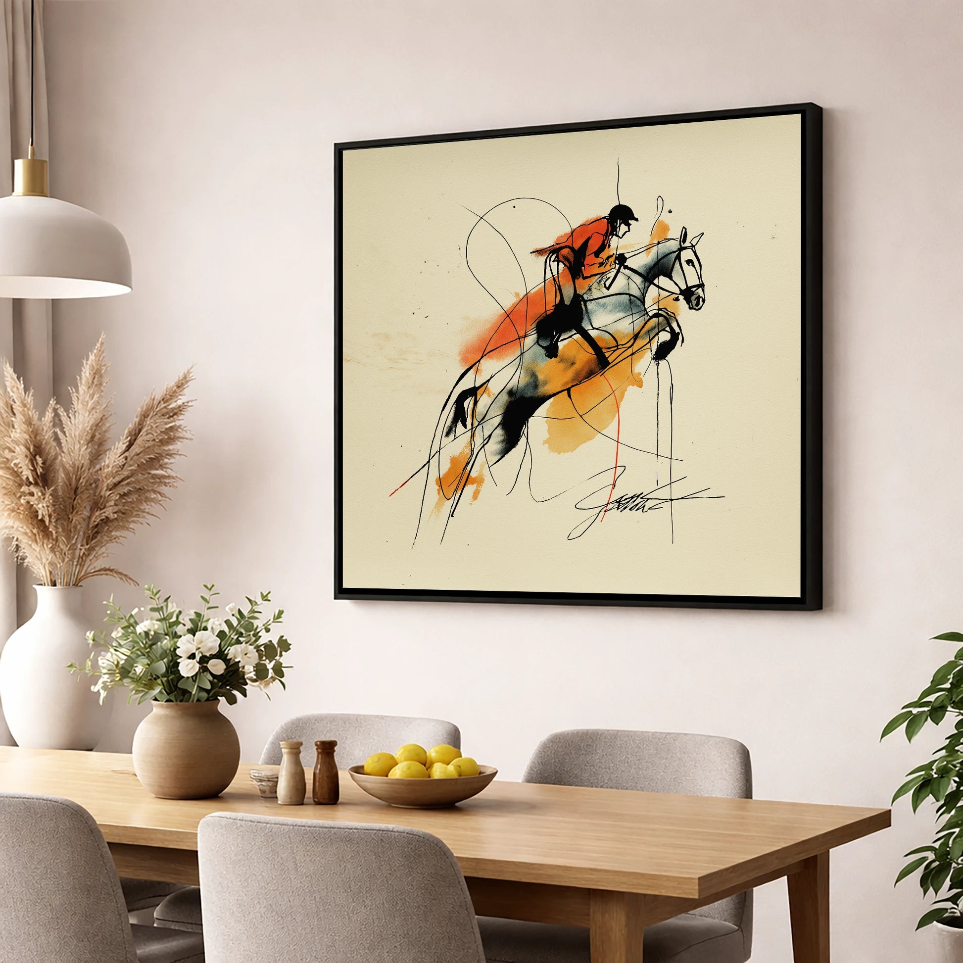 Suspended in Amber show jumping horse wall art displayed in a dining room