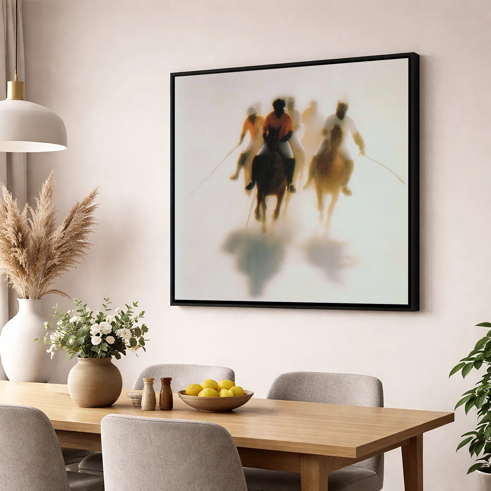 The Ethereal Chukka polo horse wall art displayed in a dining room