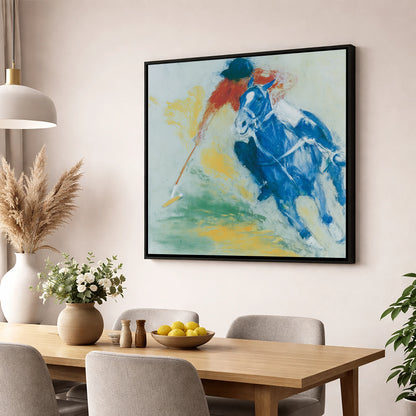 Cerulean Polo Strike polo horse wall art displayed in a dining room