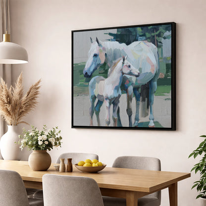 Textured Pastel Bond mare & foal wall art displayed in a dining room