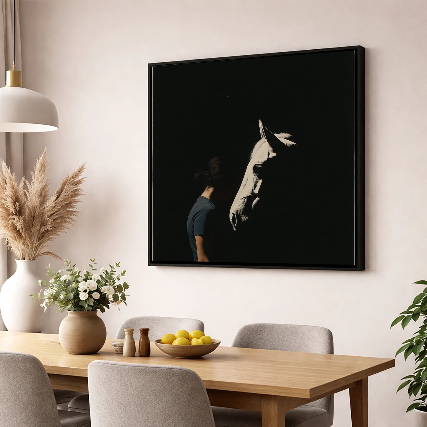 The Quiet Bond horse & rider wall art displayed in a dining room
