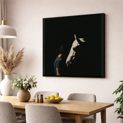 The Quiet Bond horse & rider wall art displayed in a dining room