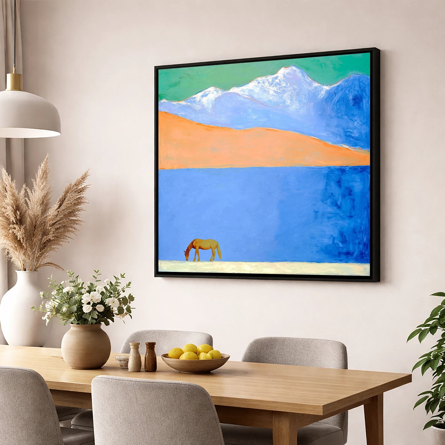 Alpine Solitude horse landscape wall art displayed in a dining room