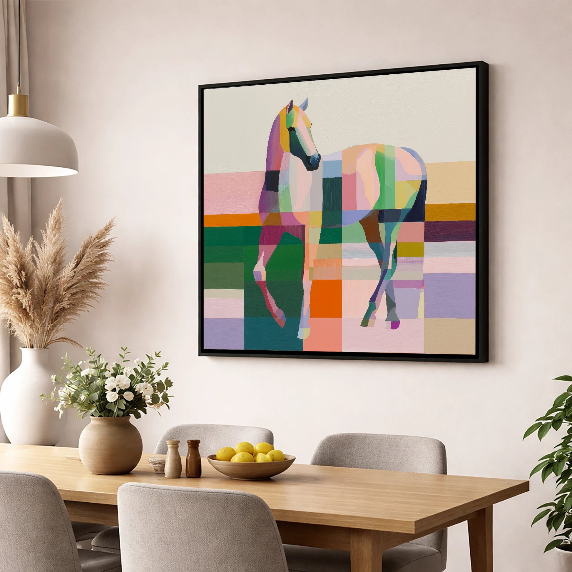 Structured Equine Elegance horse breed wall art displayed in a dining room