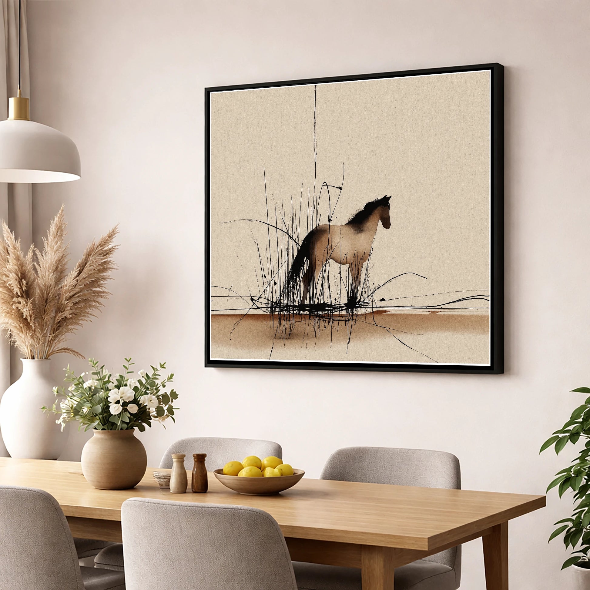 Sentinel of the Reeds wild horses wall art displayed in a dining room