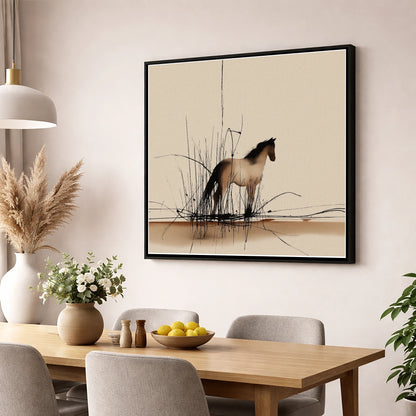 Sentinel of the Reeds wild horses wall art displayed in a dining room