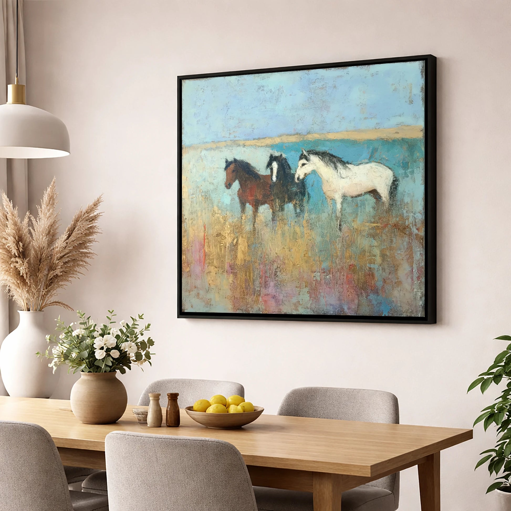 Coastal Companions wild horses wall art displayed in a dining room